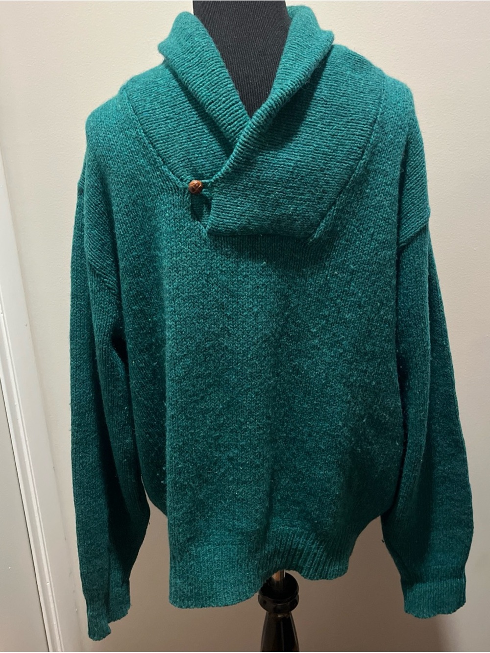 Vintage LL Bean Green Wool Blend Shawl Collar Sweater USA Made Size Large